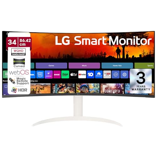 LG 34SR65QC 86.42cm (34 Inch) Smart Curved (1800R) WQHD (3440x1440) Monitor, HDR10, sRGB 99%(Typ.), HDMI X 2, Built-in Speaker, Height/Tilt Adjustment, webOS, AirPlay2, Wi-Fi, Bluetooth, USB (White)