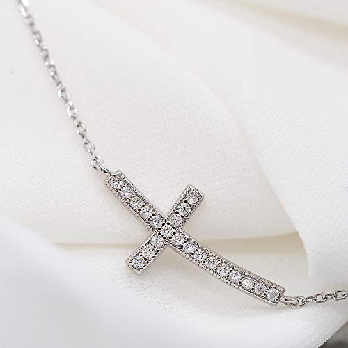 Lavishe Rhodium Plated 925 Sterling Silver Cubic Zirconia Small Curved Sideways Cross Necklace For Women, 18 Inch #TOP1
