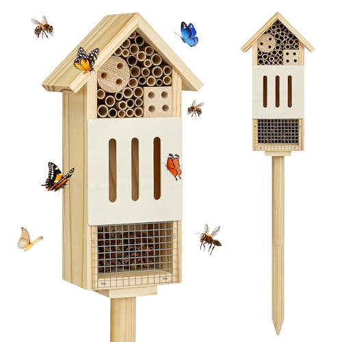 Bee House Bug Hotel & Butterfly House with Stake Handcrafted Wooden Ladybug Hotel Natural Insect Habitat for Garden Patio or Yard Attracts Pollinators 10.4 x 5.5 x 3.2 Inches 14 inches Stake