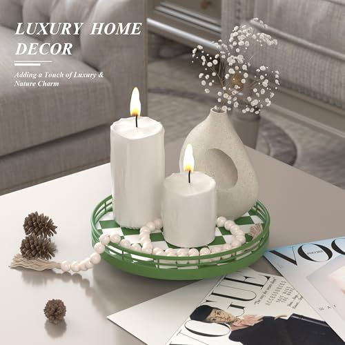 Image of Premium Rubber Wood Lazy Susan Turntable, Green White Checkerboard Decorative Serving Tray, Hand-Welded Metal Railing, Stable Rotating Organizer for Dining Table, Kitchen Counter, Coffee Table Decor