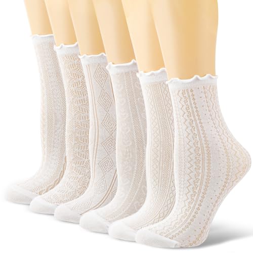 kodinsiivous 6 Paar Damen Rüschensocken Spitzen Baumwolle Söckchen Schwarz Sommer Dünner Stil Atmungsaktives Mesh Geeignet für Ballett Loafer und Lederschuhe