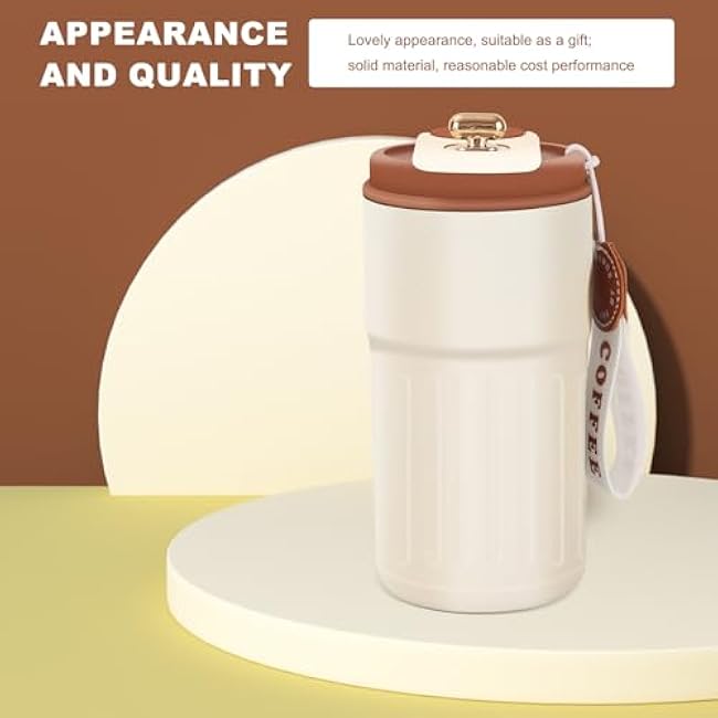 14oz Stainless Steel Reusable Coffee Cup with Lid, Strap & Flip Lid - Portable Insulated Travel Coffee Mug, Spill Proof,Keeps Drinks Hot or Cold (White)