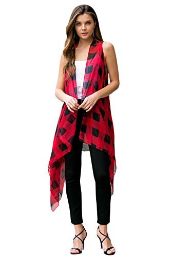 Bohemian Versatile Open Shawl Cardigan - Kimono Ruana, Tie Dye Convertible Poncho Blanket Vest, Sheer Beach Cover Up (Drape Vest - Buffalo Plaid Red Black)