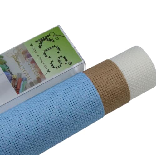 Image of KCS 3 pc of 15 inch x 18 inch(38cmx45cm) 14 Count Cross Stitch Cotton Aida Cloth Needlework Rolled Fabric Box,14CT,Light Blue+Khaki+Antique White