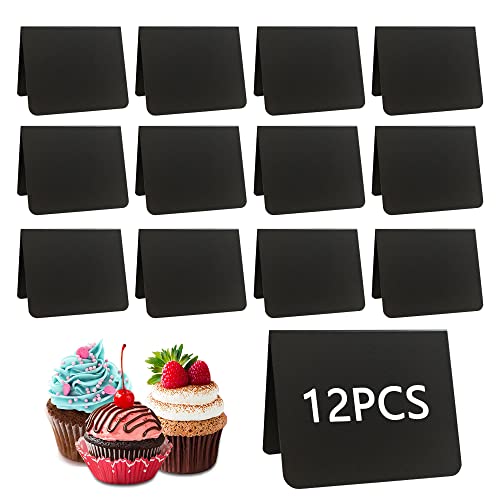BIGEBO 12-pack 10 x 7,6 cm mini svarta tavlan skyltar för mat, A-formade skrivbord matetiketter, meddelande tältbräda skyltar för fest buffé mellanmål butik bröllop födelsedag