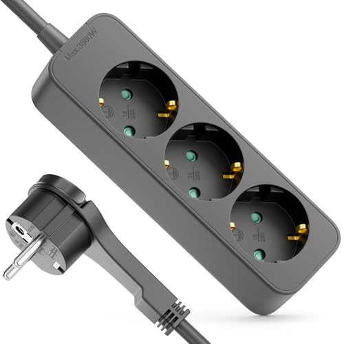 deleyCON Multiprise 3 Prises avec Fiche Plate - 1,4m Câble - Idéal Derrière Meubles, Bloc Prises Distributeur Rallonge Alimentation 3680W 16A - Noir