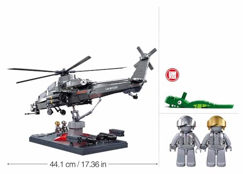 Military Attack Helicopter Building Block Set, 44.1 cm Model with Display Stand, Grey, 2 Pilot Minifigures, M38-B1233 - Image 2