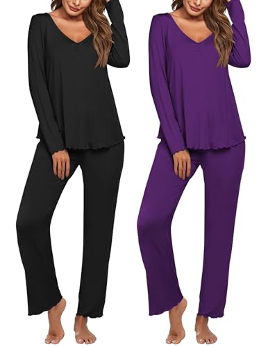Image of Ekouaer Womens 2 Pack Pajama Set Long Sleeve Pajamas Top and Pants V Neck Pjs Set Soft Sleepwear Loungewear