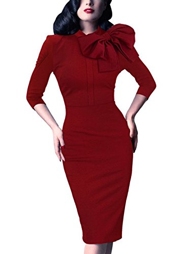 Women's 1950s Retro 3/4 Sleeve Bow Cocktail Party Evening Dress Work Pencil Dress Red Large