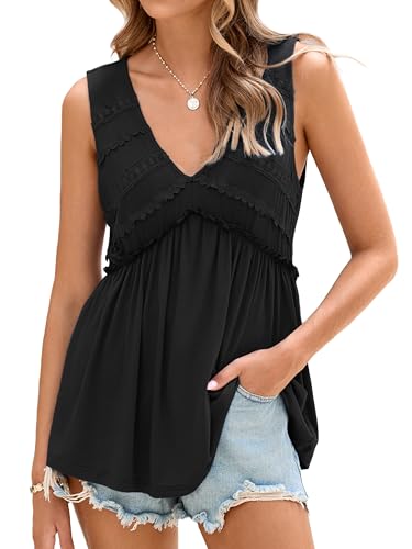 Glamaker Women Summer Tank Tops Babydoll Beach Lace Peplum Tops Flowy Sleeveless V Neck Casual Tunic Shirts