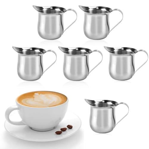 LATRAT 6 jarras de leche de acero inoxidable, 90 ml, pequeñas jarras para crema de café, crema de café, jarra de leche, con mango para café con leche, crema, salsa, ensalada y condimentos