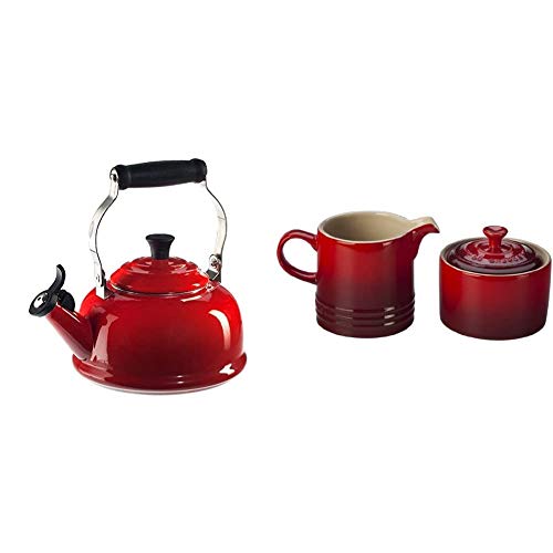 Le Creuset Enamel On Steel Whistling Tea Kettle, 1.7 qt, Cerise & Stoneware Cream and Sugar, 2 pc. Set, Cerise