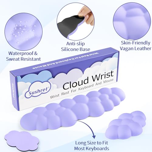Image of Sushret Cloud Wrist Rest Keyboard, Cloud Keyboard Wrist Pad Set with PU Leather Memory Foam, Cute Arm Rest for Palm Support, PC /Gaming Desk Accessories /Office Setup /Computer Hand Cushion - Purple