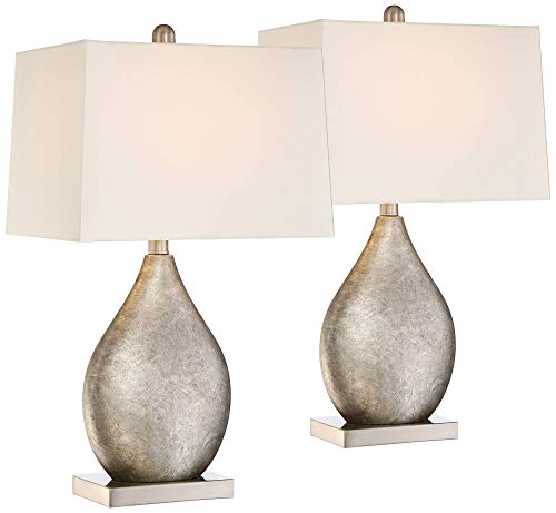 360 Lighting Royce Modern Table Lamps Set Of 2 24 1/2" High Silver Metal Teardrop Off White Tapered Rectangular Shade Decor For Bedroom Living Room House Bedside Nightstand Office Family #TOP1