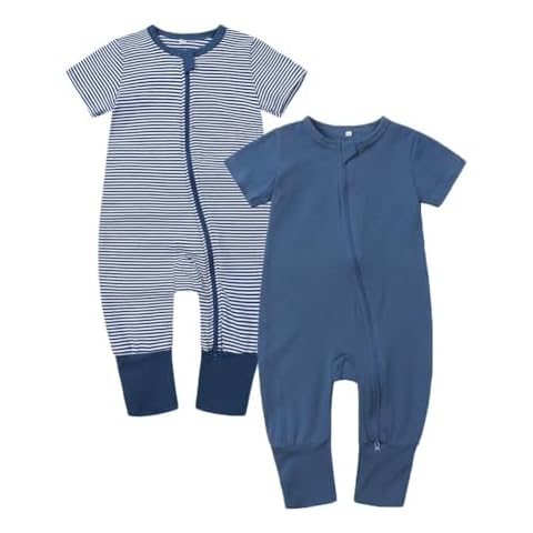 BeiVSlley Baby Boy Girl's 2 Pack Summer Short Sleeve Rompers Infant Cotton Coveralls Toddler Zip front Outfits Clothes,Blue Sets,18-24M Cover