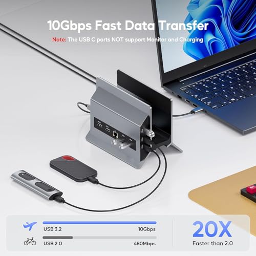 Image of USB C Docking Station for Dual Monitors, Vertical Laptop Docking Station Stand with 2 HDMI 4K 60Hz, 3X USB A /C 10Gbps, 2 USB A 5Gbps, Ethernet and USB2.0 for Windows and ChromeOS