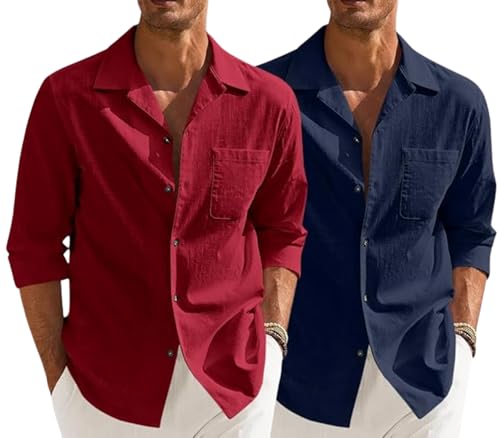 Image of Combo of Men's Casual Cotton Blend Shirt || Long Sleeve Button Down with Spread Collar | Lightweight Breathable Fabric | Stylish Solid Shirt for Beach, Office & Everyday Wear Pack of 2