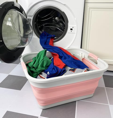 Image of SAMMART 41L (10.8 gallon) Collapsible Plastic Laundry Basket - Foldable Pop Up Storage Container /Organizer - Portable Washing Tub - Space Saving (Grey /Quartz Pink, Rectangular)