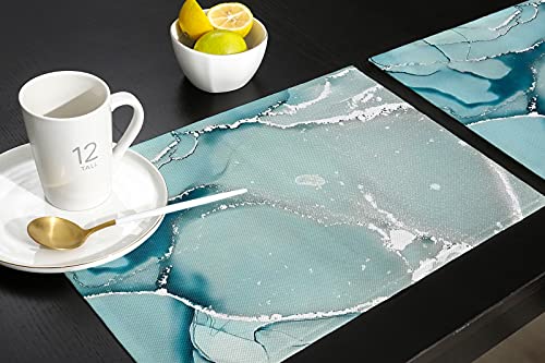 Maconaa Marble Placemats For Dining Table Set Of 6, Aqua Blue Agate Cotton Linen Place Mats For Kitchen/Dining, Non Slip, Durable, Washable Farmhouse/Modern Table Mats 13''X19'',6Pcs #TOP4