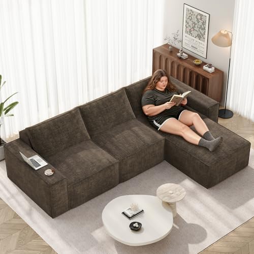 Vesgantti 114″ Boneless Modular Sectional Sofa, Modern 3 Seater Couch with Ottoman & Deep Seat, Convertible Chenille L Shaped Cloud Couches for Living Room, No Assembly Required, Dark Brown