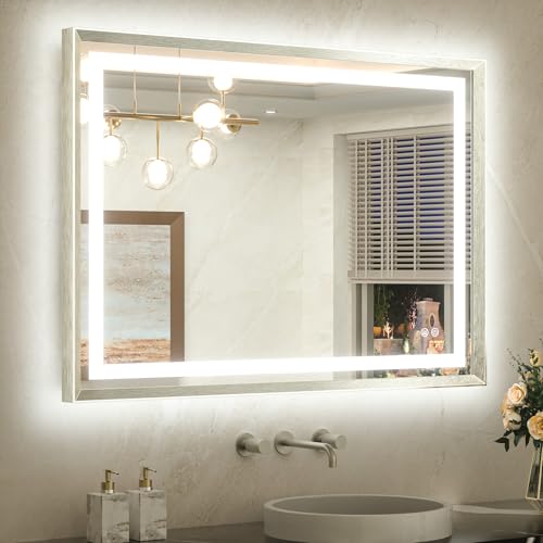 TETOTE 40 x 30 Bathroom Mirror Brushed Bright Nickel Metal Frame Frontlit & Backlit Vanity Mirror 3 Colors White/Warm/Natural Stepless Dimmable Anti-Fog Bathroom Mirrors for Vanity Wall-Mounted