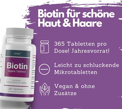 Foto von Biotin, EXVital für Haare, Haut und Fingernägel, hochdosiert, 10.000 µg, 365 Tabletten in deutscher Premiumqualität