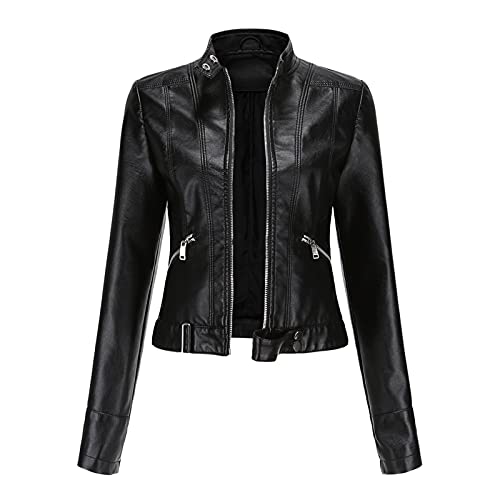 Giacche in Finta Pelle da Donna, Collo Alto con Cerniera per Motocicletta Corto in PU Moto Biker Outwear Cappotto Aderente Aderente con Cintura,Black,M