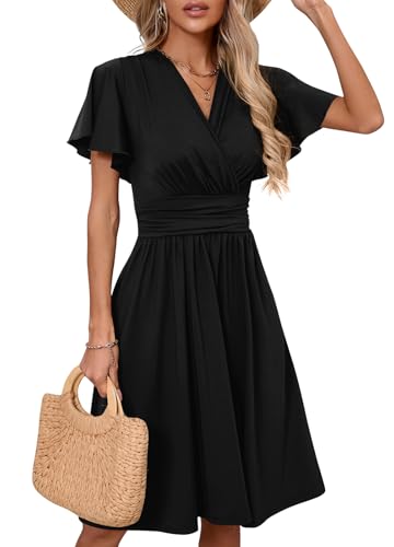 Image of Women's Casual Summer Dress V Neck Short Sleeve Flowy Stretchy Comfort Fit for Daily Wear Work Midi Dresses