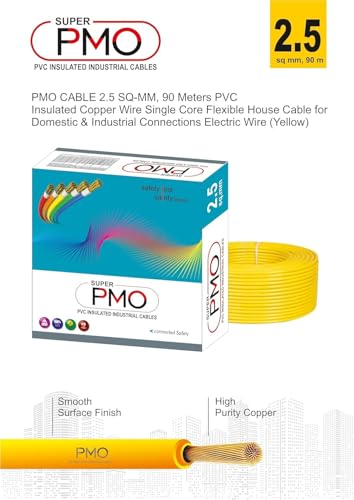 Image of Super PMO PVC Insulated Copper Wire, 90 m, Single Core Flexible Cable for Domestic and Industrial Use (YELLOW, 2.50 SQ MM)