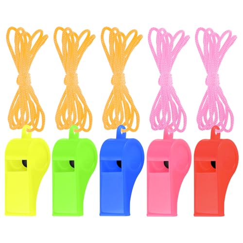 5 Pcs Loud Plastic Emergency Whistle with Lanyard for Outdoor Activities, Coach Trainning Whistles Party Whistles for School Sports and Kids Parties Gift Boxes Fillers (Colorful)