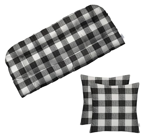 RSH Décor Indoor Outdoor Tufted Cushion for Wicker Loveseat Settee Bench Black Buffalo Plaid Large 44