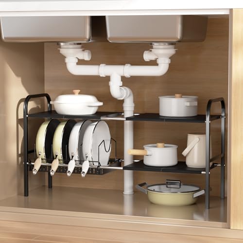 Under Sink Organizer 2 Tier Kitchen Storage Rack, Expandable Pot and Pan Organizer with Adjustable Height & 4 Dividers, Removable Kitchen Shelf for Cabinet, Countertop(6panels,1 Pot rack, Black)