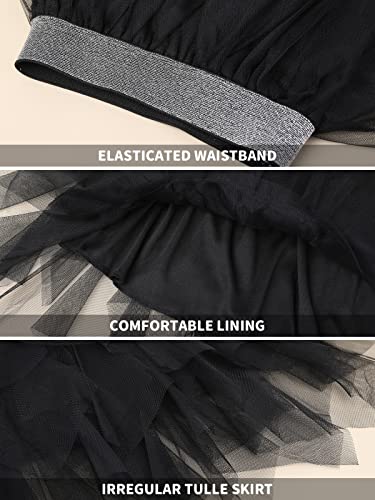 Tüllrock für Mädchen Elastischer Bund, Unregelmäßiges Tutu Tütü Rock mit Unterrock,Tüllrock für Kinder Teenager Erwachsene für Tanz Party Kostüm Prinzessin(Schwarz M)