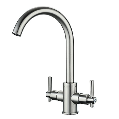 Funime® Gebürstete Küchenarmaturen, traditionelle Doppelhebel-Monoblock-Schwenkauslauf, Messing