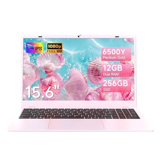 HYYUO 15.6 Inch Pink Laptop Computer, 12GB RAM 256GB SSD, FHD IPS Display, Pentium Gold 6500Y, Lightweight Student Laptop for School, Work & Everyday Use, Portable Laptop with USB-C HDMI WiFi