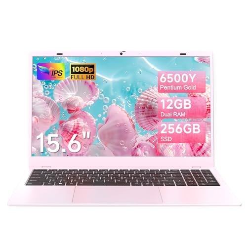 Image of 15.6 Inch Pink Laptop Computer, 12GB RAM 256GB SSD, FHD IPS Display, Pentium Gold 6500Y, Lightweight Student Laptop for School, Work & Everyday Use, Portable Laptop with USB-C HDMI WiFi