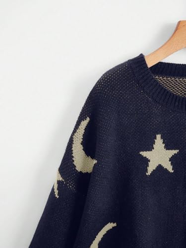 WDIRARA Women's Star Moon Print Long Sleeve Sweater Round Neck Knitted Pullovers Top3