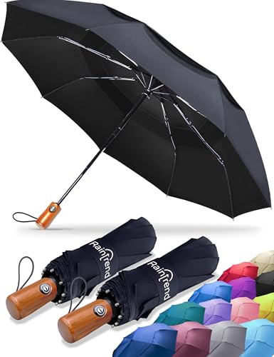 NEW 2 Pack Premium Large Windproof Double Canopy Umbrellas for Rain - Travel Compact Automatic Folding Umbrella for Backpack - Portable Auto Oversized Black Compact Umbrella for Men and Women