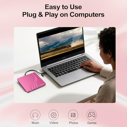 Image of External CD DVD Drive, 0.5″ Ultra Slim USB 3.0 Type-C DVD Player, CD DVD+ /-RW Optical Drive, Portable DVD CD Burner Reader Writer Recorder for Laptop, Desktop, Mac, Windows 11 /10 /8 /7, Linux, Pink