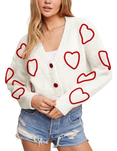 Yimoon Women's Valentines Heart Cardigan Sweater Cute Cropped Knit
