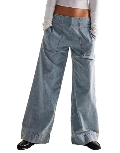SCOFEEL Women's Pull On Denim Pants Wide Leg Elastic Waist Jeans Casual Loose Fit Baggy Trousers with Pockets
