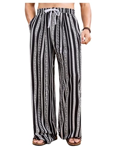 Verdusa Men's Striped Drawstring Trousers Straight Leg Boho Pants with Pockets