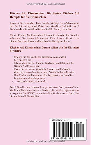 Back cover of the KitchenAid Ice Cream Maker Recipe Book, showing a brief description in German and ISBN barcode.
