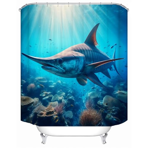Image of LYFANS Bathroom Using Undersea Swordfish 3D Shower Curtains, Luxury Bathtub Standard Shower Curtain, Waterproof and Bright Fabric Shower Curtain, Size (72x72 Inches)
