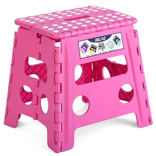 Image of Delxo Folding Step Stool, 13 inch Non-Slip Foldable Stools for Kids & Adults Up to 300 LBS, Step Stool with Handle, Lightweight for Kitchen, Bathroom, Bedroom, Garden, Rose Pink, 1PC