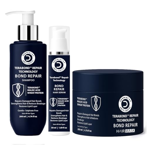Image of Dermistry Sulphate Free Bond Repair Shampoo, Mask & Serum with TeraBond Maleic Acid & Protein for Dry Damaged Chemical Heat Treated Coloured Hair Reduces Breakages for Dry Frizzy Curly All Hair Types Men & Women (Bond Repair Kit)