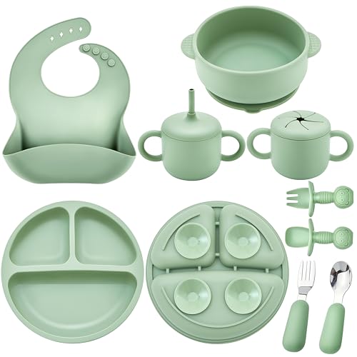 Image of Bufims Silicone Baby Feeding Set, Baby Led Weaning Supplies, Eating Essentials Utensils with Suction Plate and Bowl, Pocket Bib, Sippy Cup with Lid, Forks Spoons Snack Container, for 6+ Months, Green