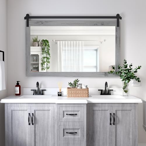 Image of COGOOD Farmhouse Bathroom Mirror - 49 x 30 Large Rectangle Barn Door Mirror for Vanity, Bedroom, Living Room Wall Decor (Grey)