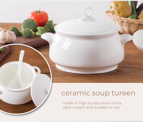 Soupière en céramique, bol de service en porcelaine de 2,5 l avec couvercle et poignées, passe au micro-ondes et au four pour les repas à la maison et les fêtes de famille