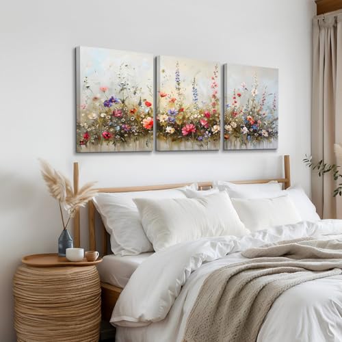 SERIMINO Large Wall Art for Living Room Canvas Prints, Nature Floral Botanical Wall Art Set 3 Piece Farmhouse Decor, Misty Flowers Modern Home Decor Paintings for Bedroom Bathroom 20"X28"